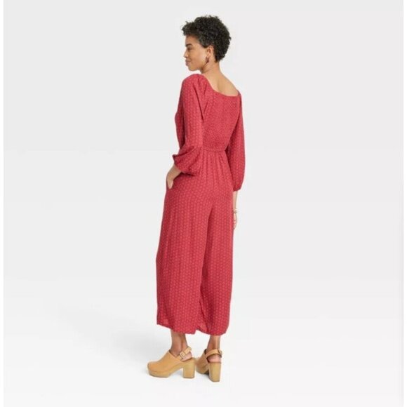 Knox Rose XS Puff 3/4 Sleeve Loose Casual Jumpsuit Straight Fit Red Dot Wide Leg - Picture 2 of 7